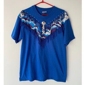 90s vintage blue western fringed beaded casual summer short sleeved tshirt